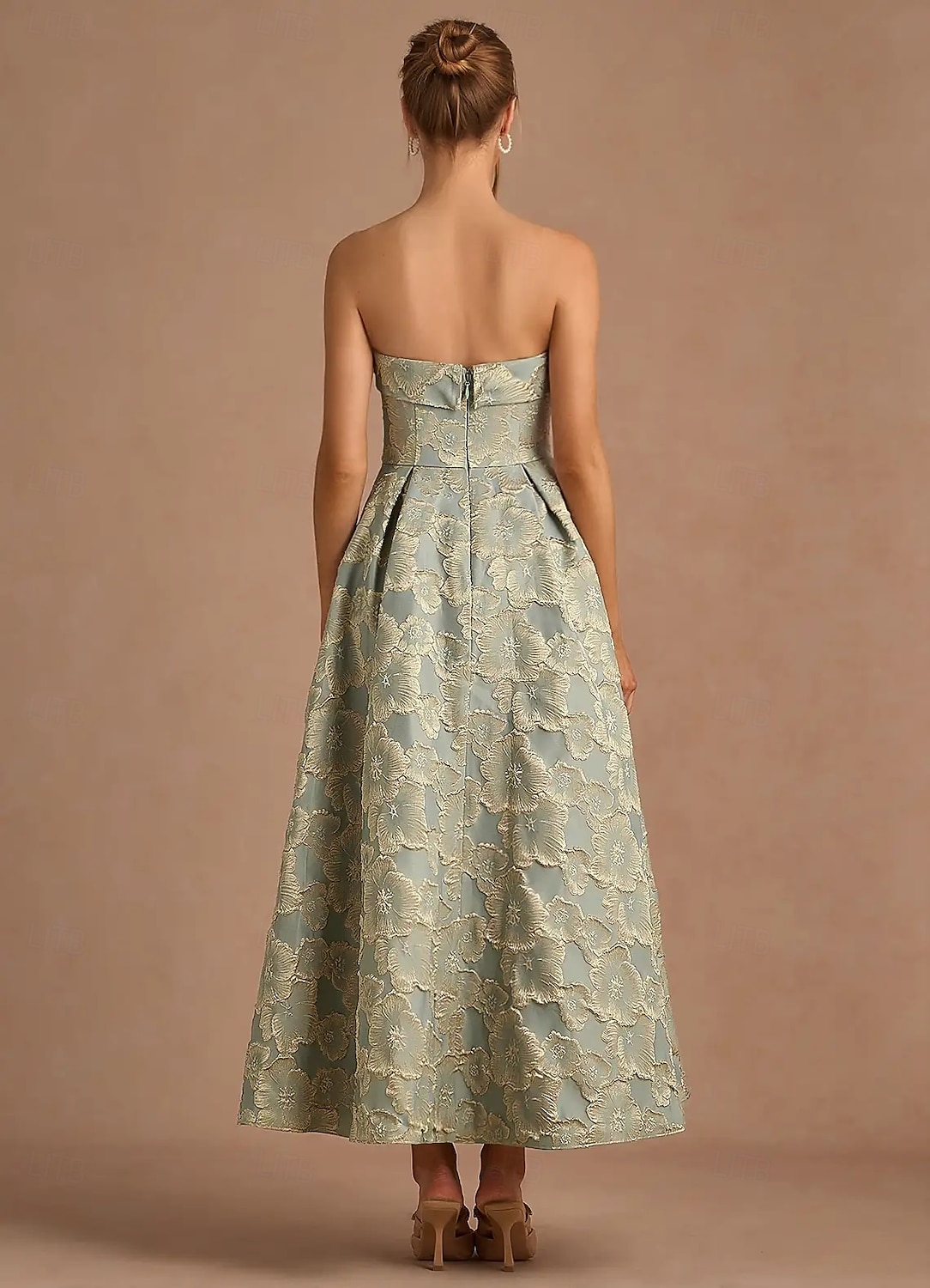 Virágos jacquard A-vonalú koktélruhák elegáns ruha formális eljegyzés tea hosszú midi hosszú ujjatlan pánt nélküli redőkkel 2025 - $159.99 –P8