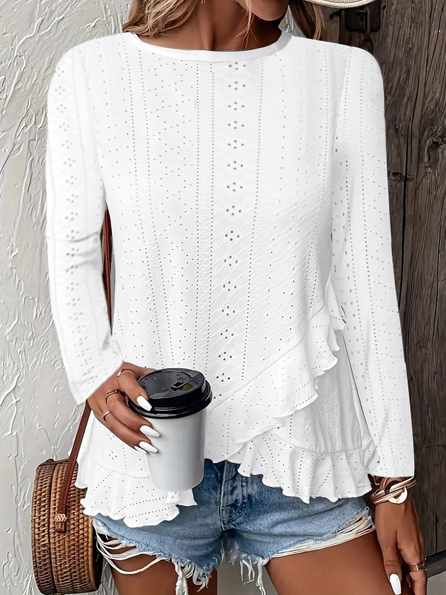 Dame Bluse Helfarge Stilfull Fritid Langermet Crew-hals Vanlige topper Daglig Drapering Snørehull Hvit Gul Blå Grønn Sommer Vår 2025 - $17.99 –P3