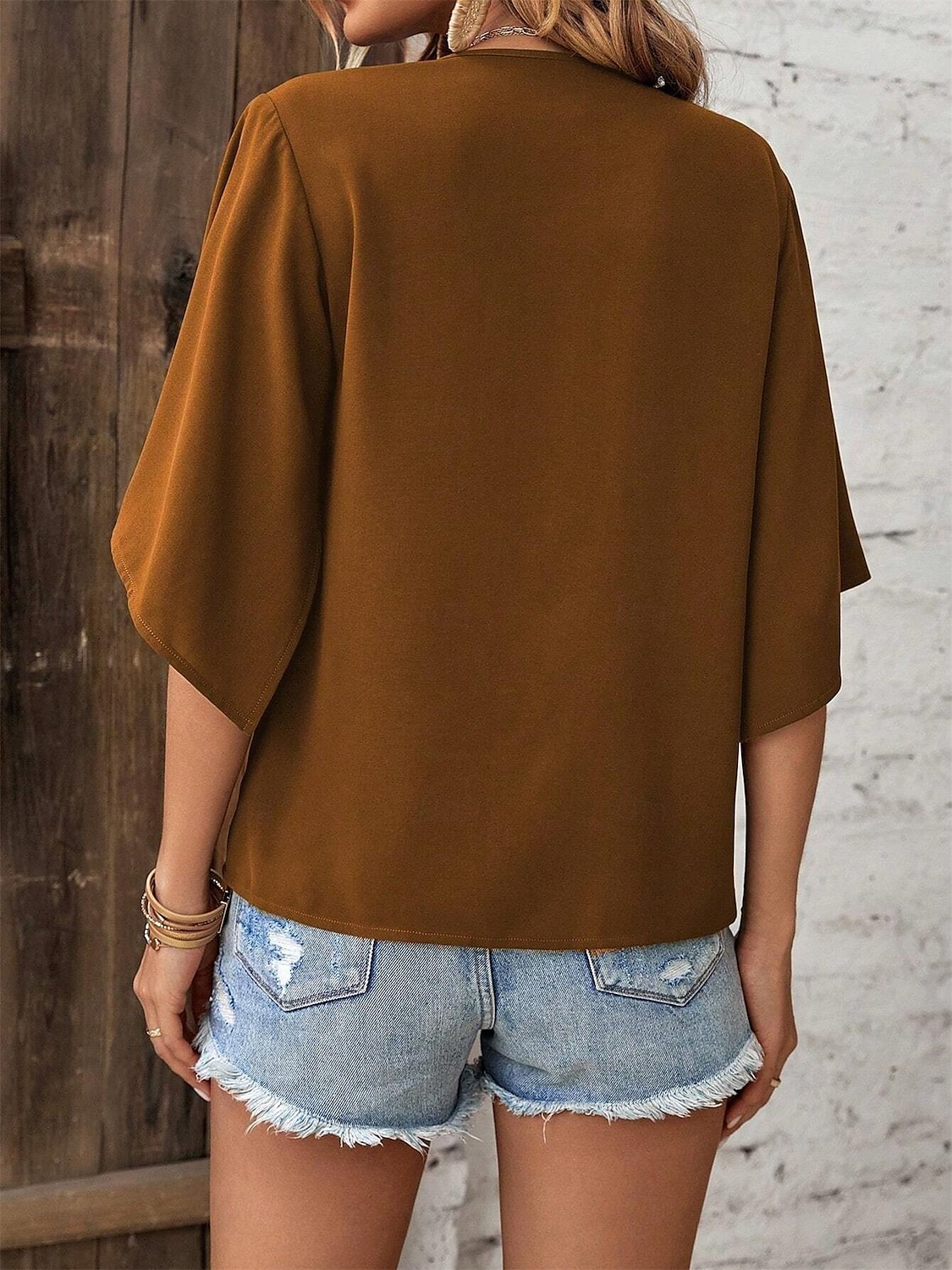 Mulheres Tops de verão Tecido à moda Meia Manga Manga Morcego Decote V Tops regulares Diário Marron Verde Verão de 2025 por $19.49 –P2