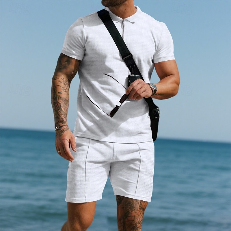 Per uomo Polo Polo con zip a un quarto All'aperto Abbigliamento quotidiano Bavero Manica Corta Moda Hawaiano Semplice 2 Pezzi Estate Vestibilità regolare Nero Bianco Blu marino Blu reale Verde Cachi del 2026 a $28.99 –P10