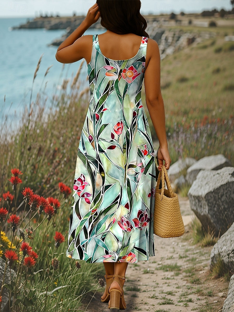 Damen Maxikleid A Linie Kleid Sommerkleid Schulterfreies Kleid Urlaub Lässig Party Date Normale Passform Blumen Grafik Stammes Ärmellos Quadrathals Rote Orange Grün Sommer Frühling 2025 - $26.99 –P4