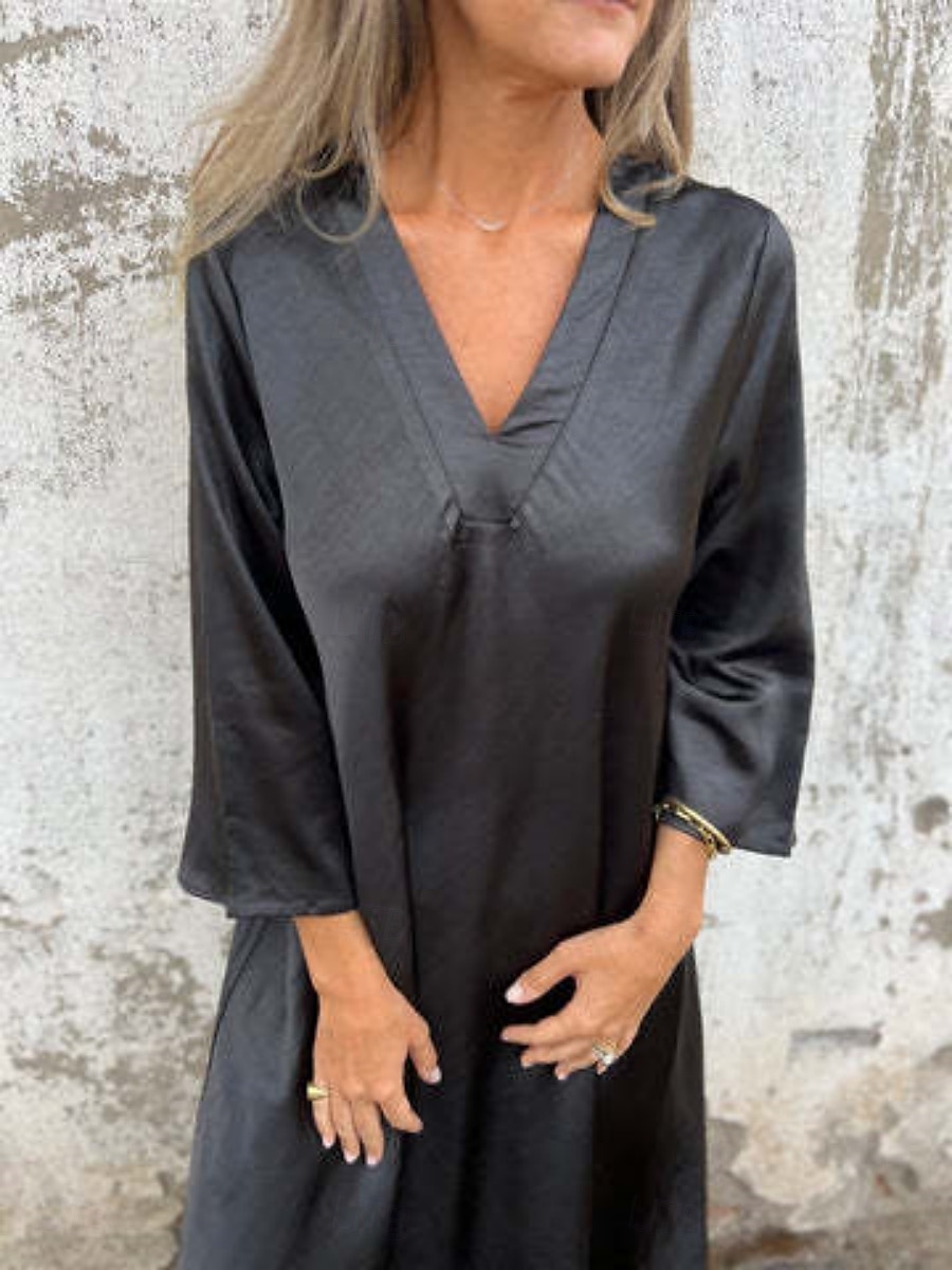 Damen Langes Kleid Maxikleid Kleider mit Leinenstruktur aus Poly-Baumwolle Freizeitkleid Sommerkleid Klassisch Modern Täglich Wochenende Normale Passform Einfach Dreiviertelarm V Ausschnitt Schwarz 2025 - $28.99 –P4