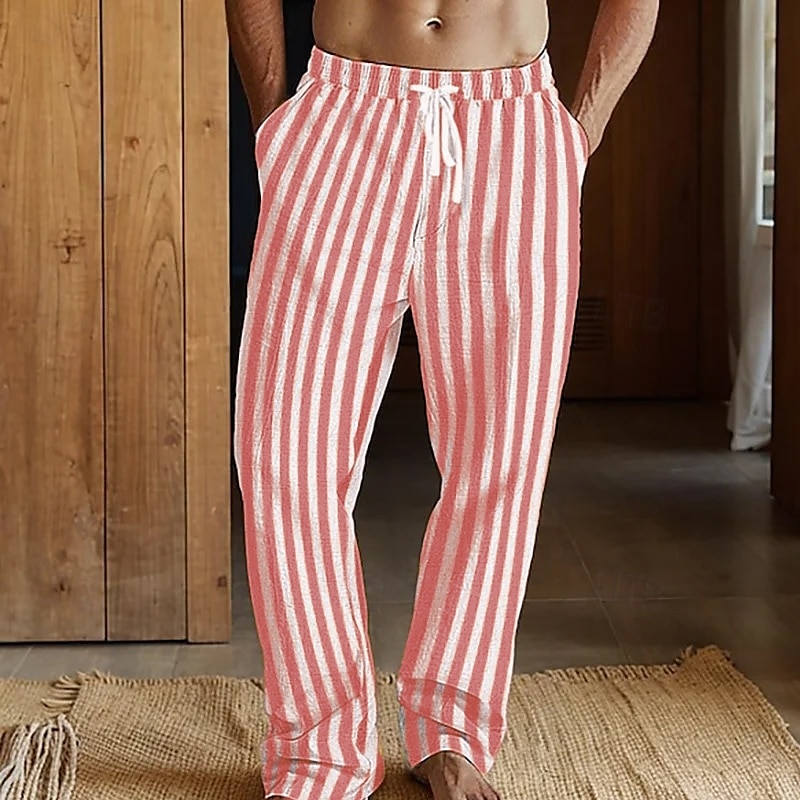 Férfi Vászon nadrág Nadrág Nyári nadrág Strand nadrág Zseb Zsinór Rugalmas derék Csíkos Mokaszinok Légáteresztő Vakáció Napi Szabadság Hawaii Boho Rubin Sötétkék 2025 - $15.49 –P1