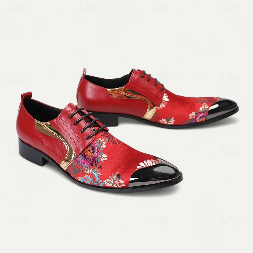 Męskie czerwone skórzane buty wizytowe z kwiatowym haftem i metalowymi akcentami w złotym kolorze – eleganckie obuwie na wesela i wieczorne wydarzenia 2025 - $119.99 –P6