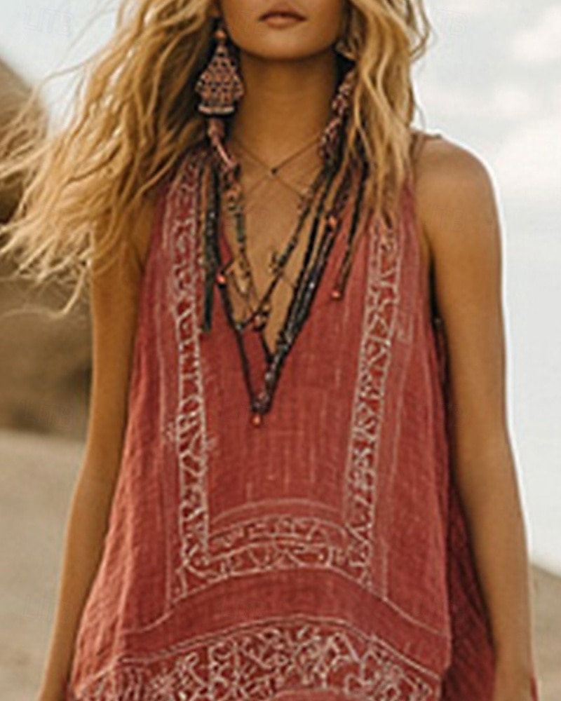 Pentru femei Cămăși Bumbac In Cămașă Boho Seturi inspirate de in Bluză Floare Modern Boho Fără manșon În V Topuri obișnuite Zilnic Concediu Imprimeu Portocaliu Vară 2025 - $23.99 –P2
