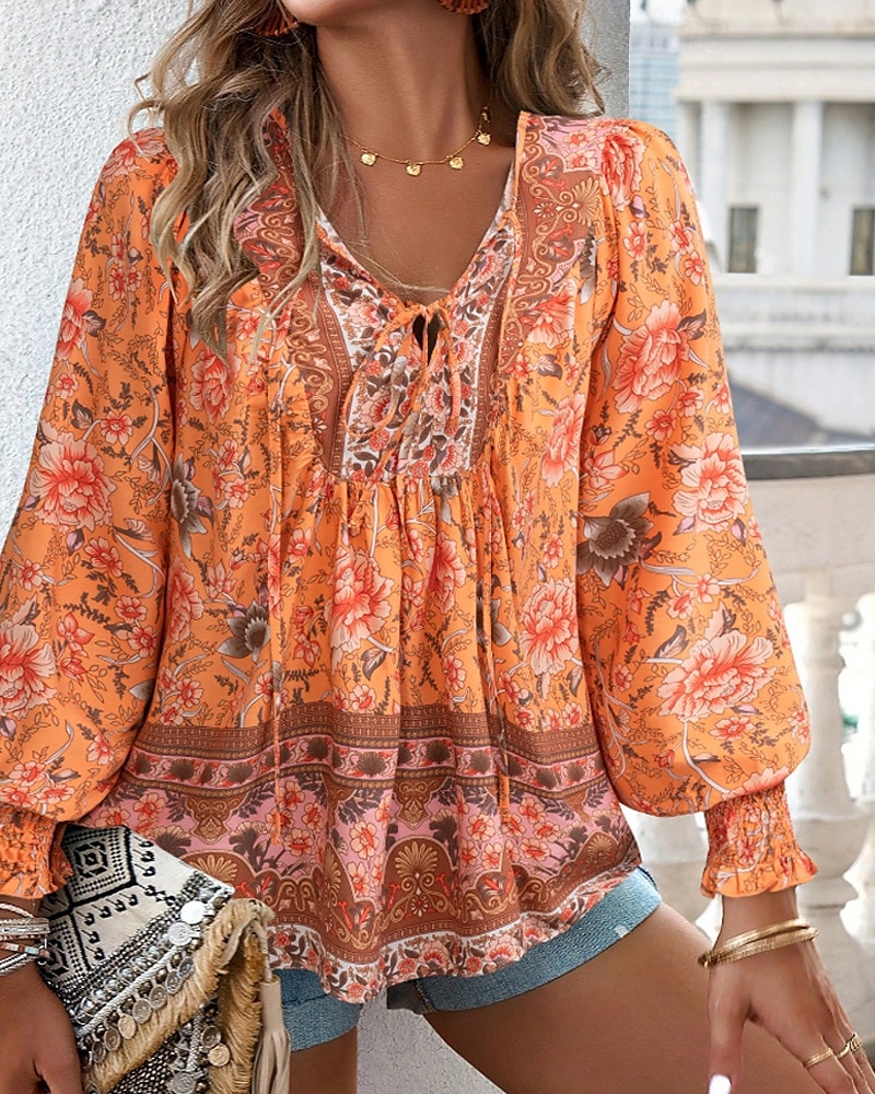 Women's Boho Shirt Blouse Flower Modern Boho Long Sleeve V Neck Regular Tops Daily Going out Print Yellow Pink Navy Blue Blue Orange Summer 2025 - $22.99 –P15