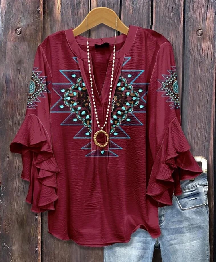 Dames Blouse V-Hals Bloemen Grafisch Geometrisch Bohemia Vintage Dagelijks 3/4 Mouw Flatter Sleeve Reguliere Tops Dagelijks Vakantie Kleding Ruffle Print Wijnrood Blauw Groen Zomer Lente Herfst 2025 - $29.99 –P1