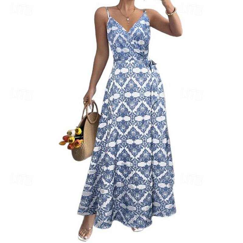 Dam Långklänning Maxiklänning Vardagsklänning Swingklänning Slipklänning Boho-klänning Mode Utomhus Fest Helgdag Normal Knytbatik Ärmlös V-hals Blå Sommar 2025 - $28.99 –P2
