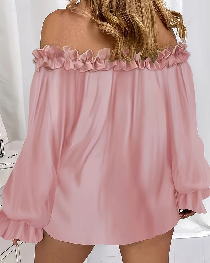 Dam Skjorta Blus Konstbomullslinne Volang Öppen rygg Slät Modern Ledigt Långärmad Över axeln Vanliga toppar Dagligen Helgdag Utekväll Blå Svart Vit Rodnande Rosa Sommar 2026 - $22.99 –P3
