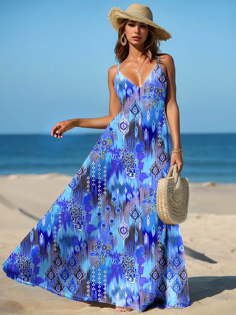 Damskie Sukienka maxi Sukienka letnia Sukienka A line Sukienka na ramiączkach Urlop Codzienny Boho Plaża Regularny Graficzny Abstrakcja Zabytkowe Bez rękawów W serek Królewski błękit Lato Wiosna 2025 - $34.99 –P1