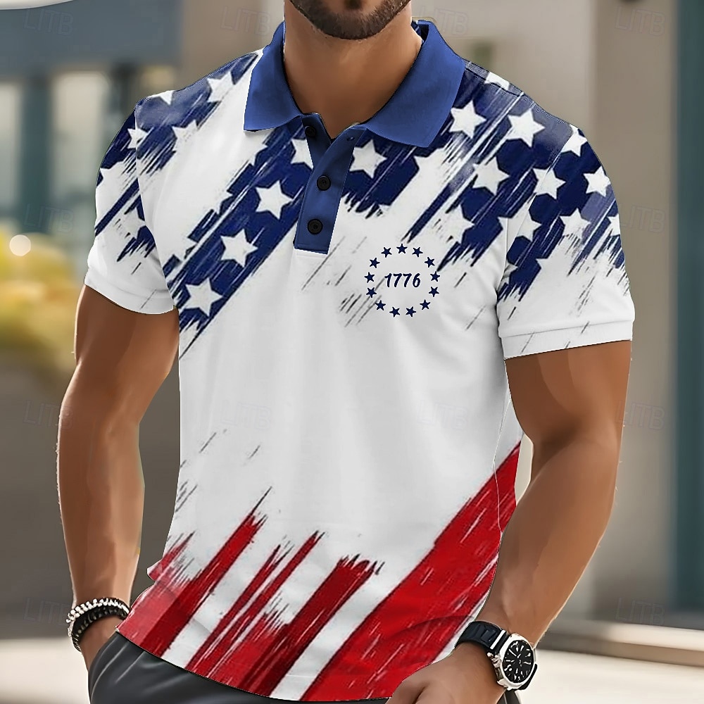 Independence Day Men's American US Flag Polo Short Sleeves Lapel Casual Daily Athleisure Casual Daily Festival Buttons Summer Red Navy Blue 2025 - $22.99 –P1