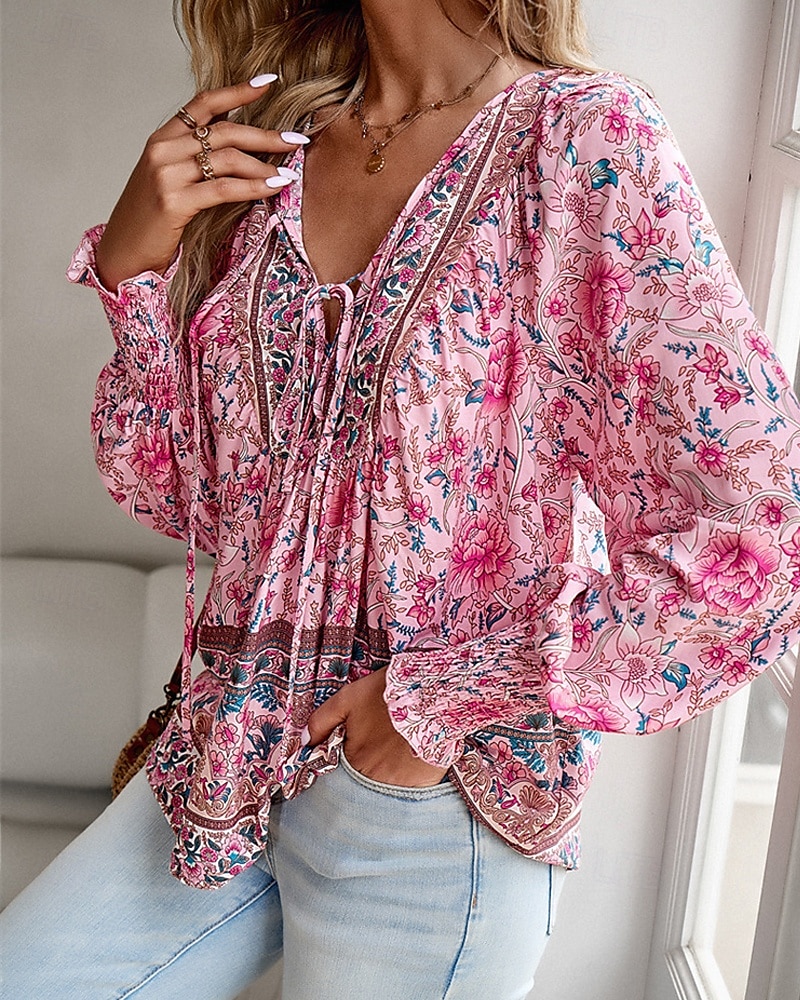 Damen Hemd Boho-Hemd Sommeroberteile Blume Täglich Stilvoll Lässig Langarm V Ausschnitt Normale Oberteile Arbeit Täglich Ferien Druck Rosa Marineblau Blau Frühling Herbst 2025 - $22.99 –P1