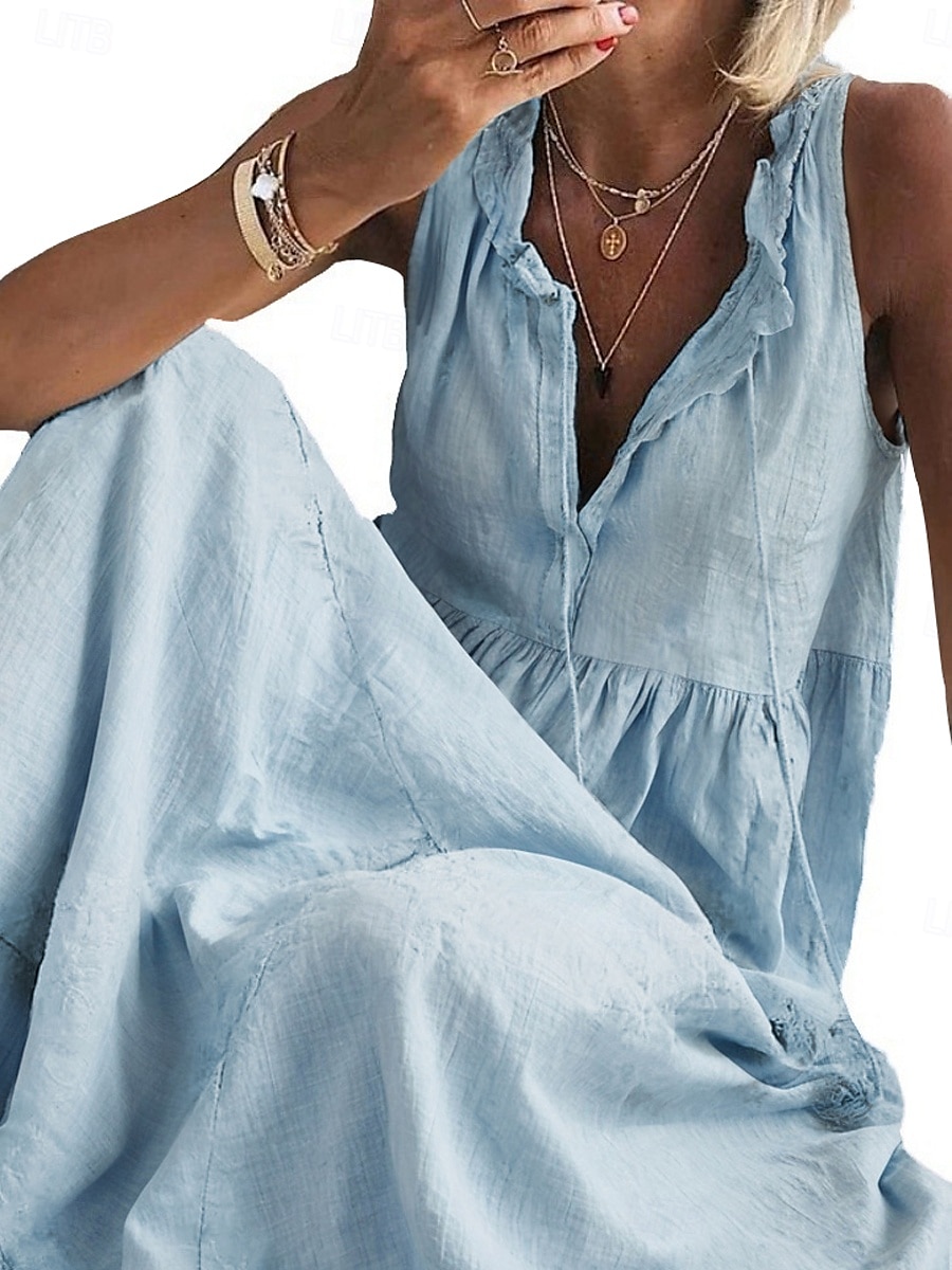 Women's Maxi Dress Cotton Linen Dresses Basic Casual Vacation Daily Regular Fit Plain Sleeveless V Neck Pink Light Blue Summer 2025 - $32.99 –P3