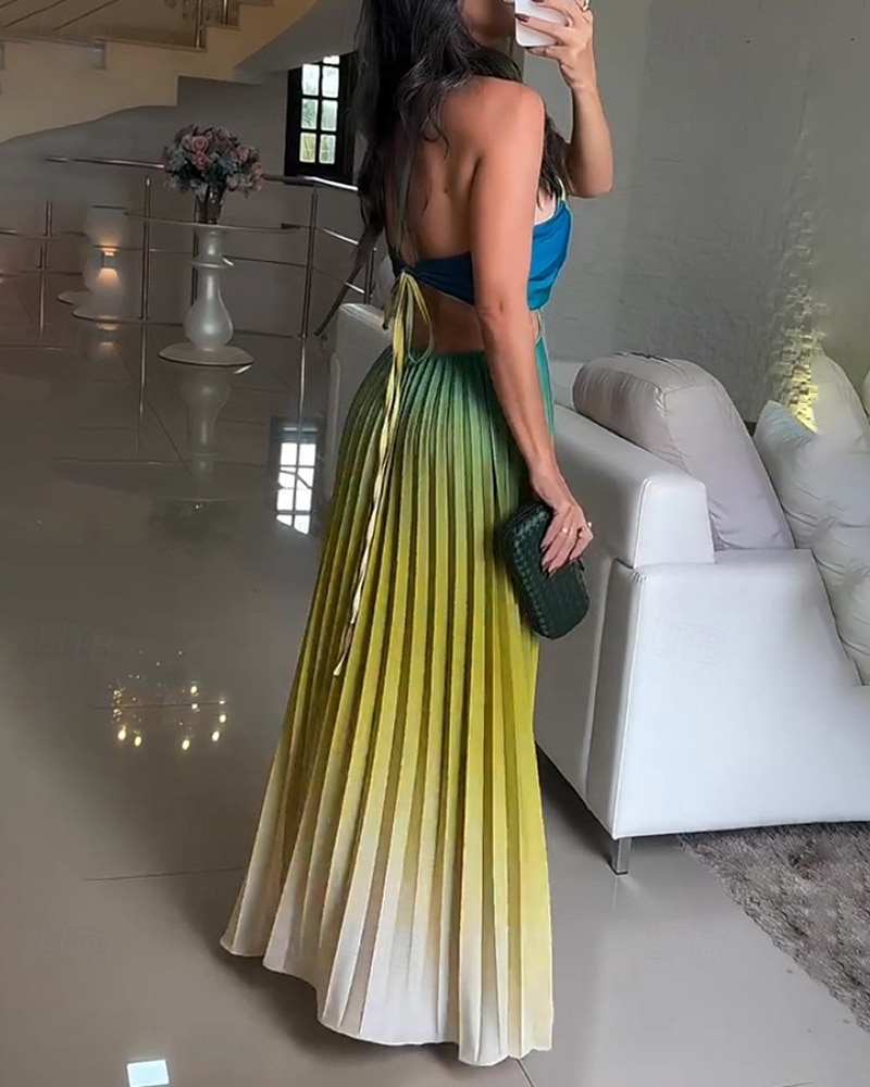 Femmes Robe Longue Maxi Robe Robe froncée Moderne Extérieur Vacances Fête Coupe régulière A Ombre Sans manches Col ras du cou Bleu Orange Vert Été de 2025 ? $25.99 –P5