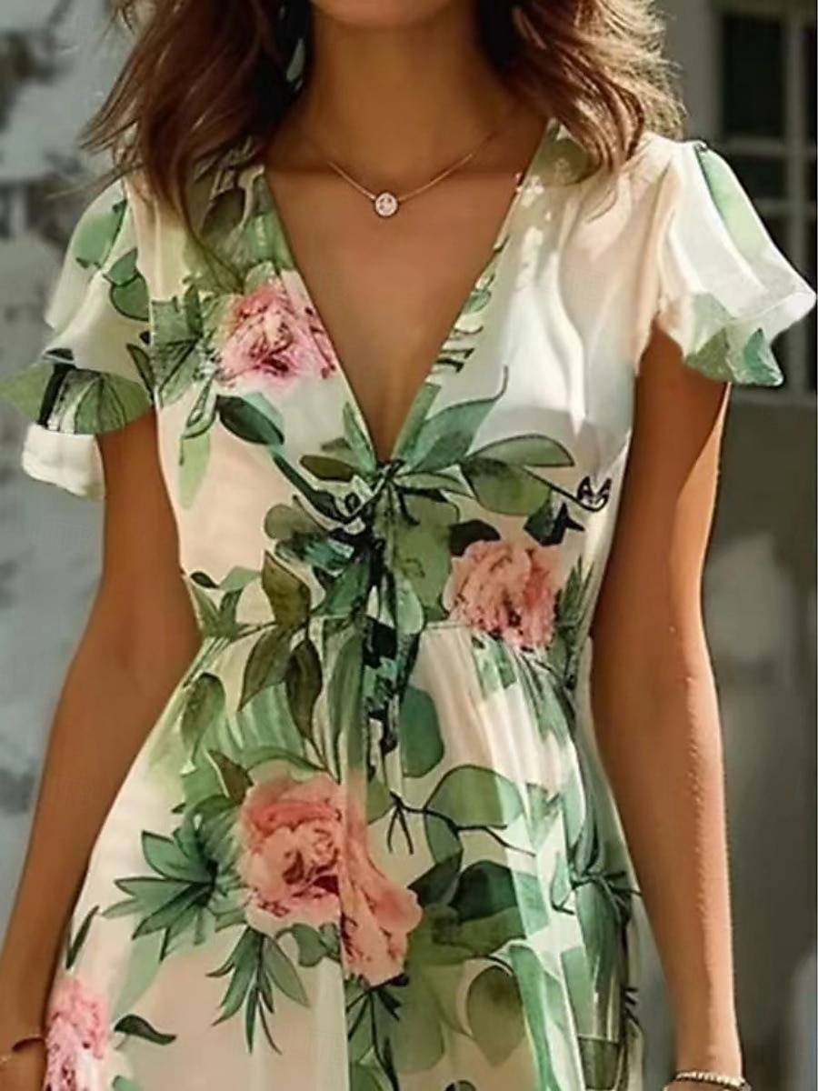 Damskie Sukienka midi Sukienka A line Codzienny Na zewnątrz Wyjściowe Plaża Luźny / a Kwiaty Graficzny Krótki rękaw W serek Zielony Lato Wiosna 2025 - $39.99 –P2
