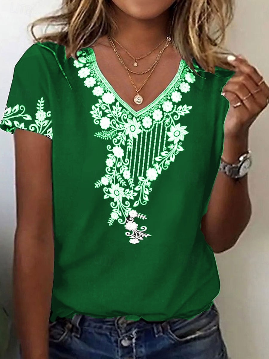 Femmes T-shirt Fleuri Graphique Plantes ancien Élégant Classique Manche Courte Col en V Hauts Réguliers Quotidien Imprimé Noir Vin Vert Été Printemps de 2025 ? $19.99 –P2