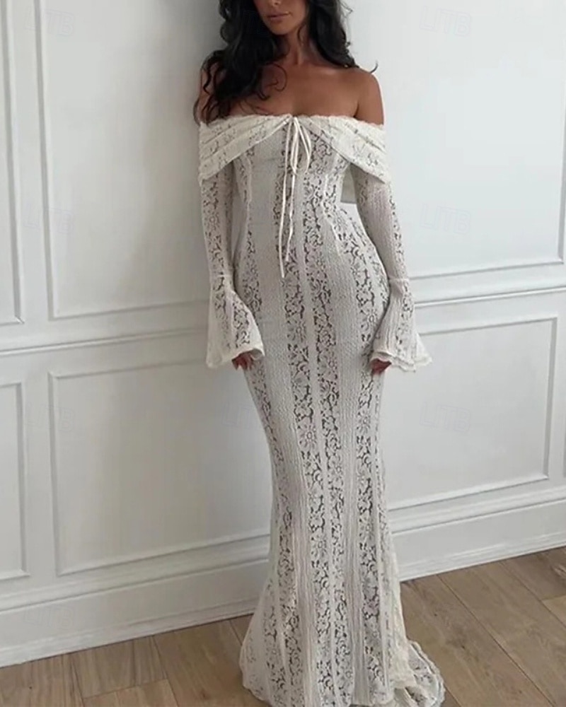 Dámské Dlouhé šaty Maxi šaty Krajkové šaty Šaty na ples Šaty na párty Elegantní Módní Párty Zvláštní příležitosti Večerní oslava Běžný Bez vzoru Dlouhý rukáv Pod rameny Černá Bílá Léto 2025 - $35.99 –P6