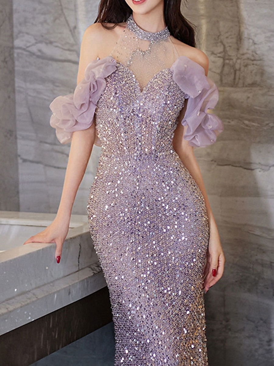 Mořská panna Trubková šaty Quinceanera Elegantní šaty Svatební Šaty pro hosty Dlouhý Krátký vlak Bez rukávů Halter krk Lesklé Holá záda se svítícími kameny 2025 - $99.99 –P2