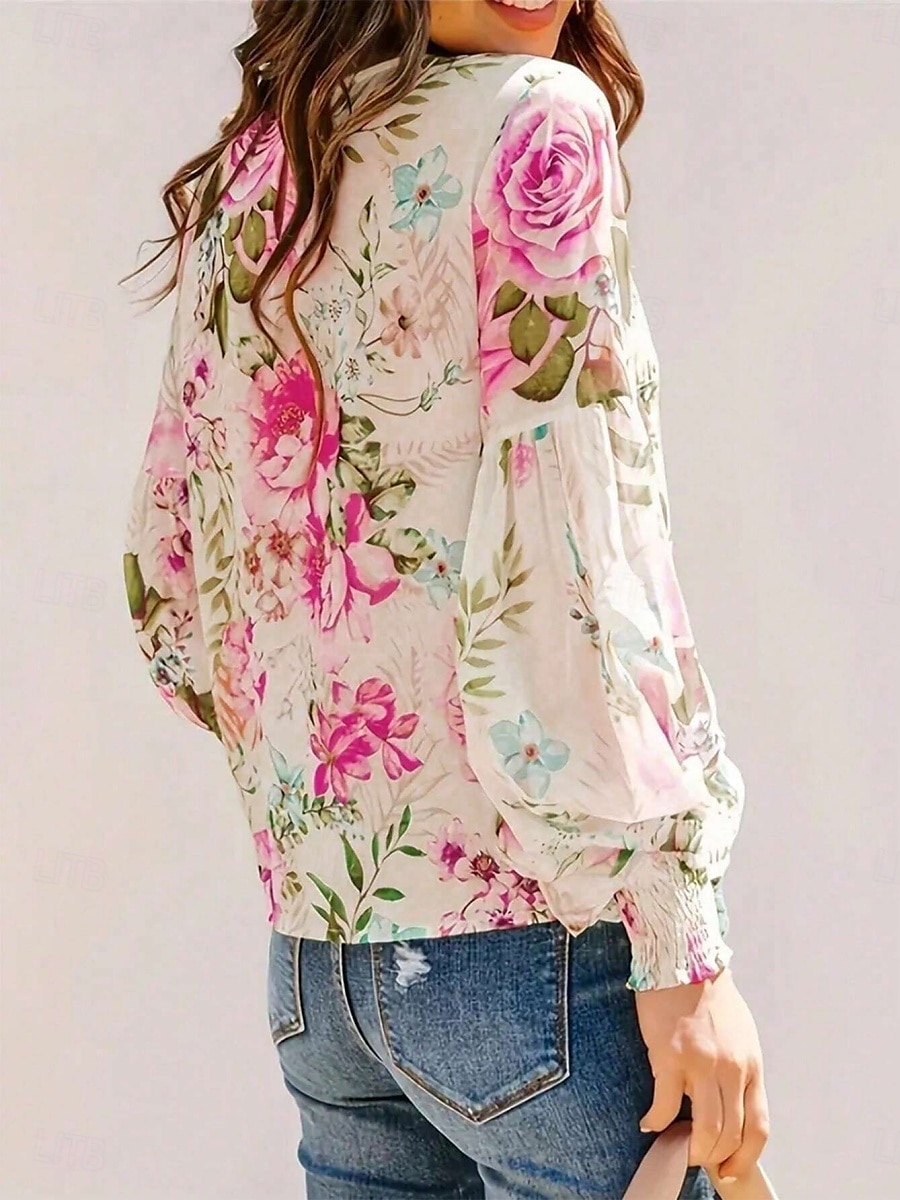 Dames Overhemd Afdrukken Bloemig Tropisch Stijlvol Casual Lange mouw Strakke ronde hals Normale tops Dagelijks Wit Blozend Roze Groen Zomer Lente 2026 - $22.99 –P2