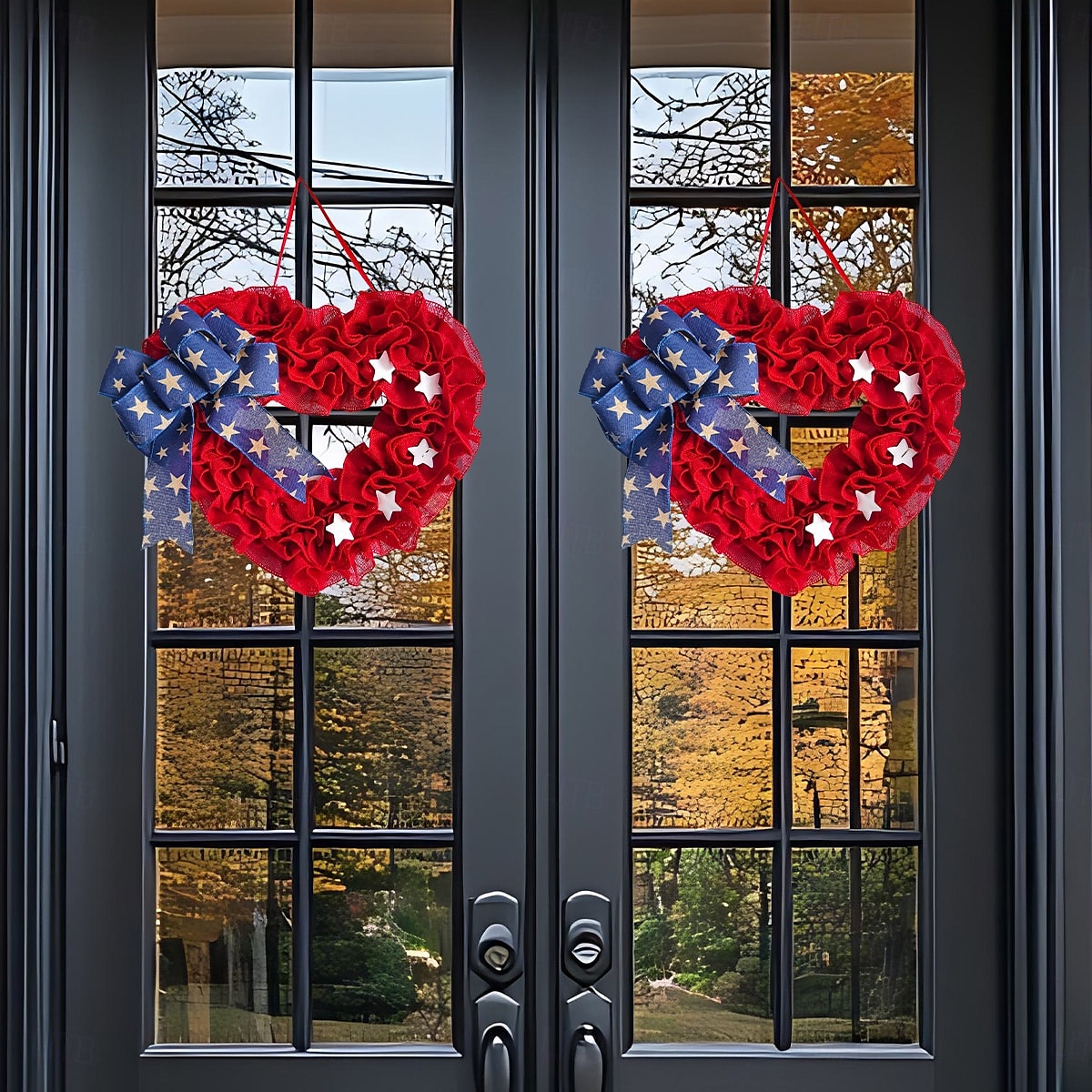 Patriottische 4 juli krans voor voordeur, onafhankelijkheidsdag, Amerikaanse vlag, rood, wit, blauw, deur, buitendecoratie, rustieke boerderij, gaas, verandadecoratie 2025 - $20.99 –P5