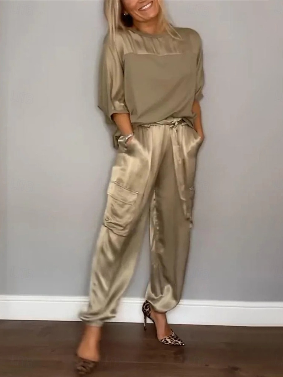 Completo da Donna di 2 Pezzi Moda Streetwear Pantaloni Giornalieri Manica 3/4 Collo Rotondo Colore Solido Casual Giornaliero Nero Bianco Rosso Estate Vestibilità Regolare del 2025 a $37.99 –P1