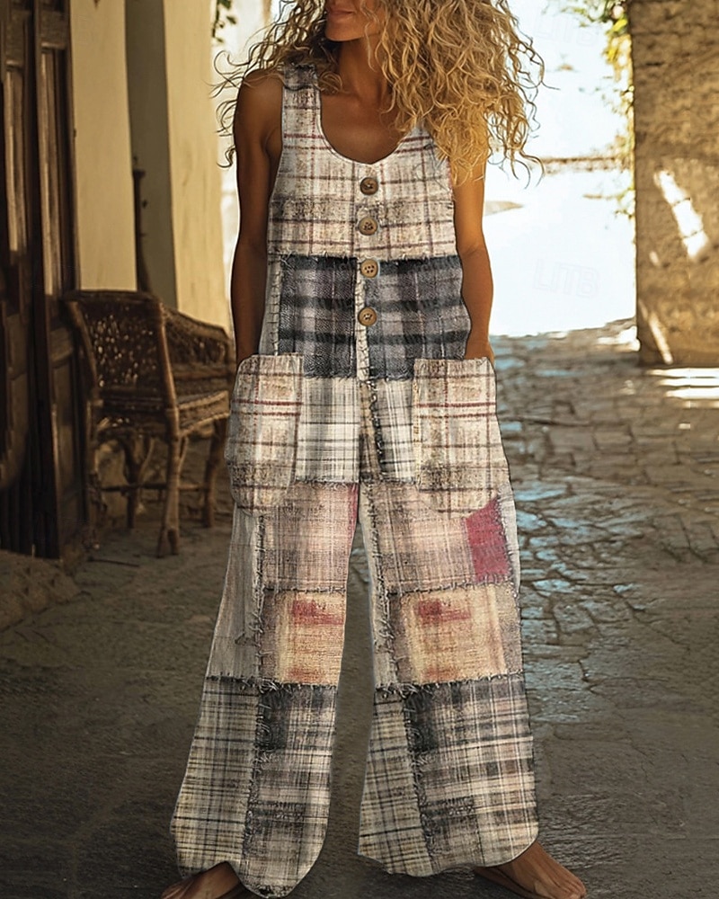 Per donna Normale Tuta Casual Plaid Senza Maniche Gamba larga Girocollo Patchwork Streetwear Quotidiano Vestibilità regolare Bianco Estate del 2025 a $24.99 –P1