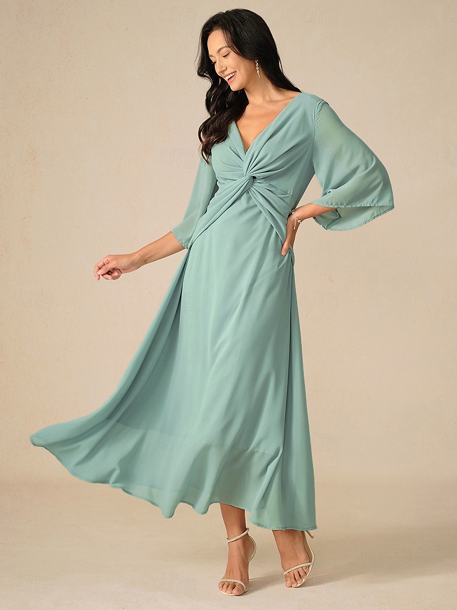 rochie de cocktail pentru invitați la nuntă pentru femei șifon uni cu volane răsucite elegantă rochie maxi de vară cu decolteu în V mânecă evazată lungime 3/4 2025 - $49.99 –P9