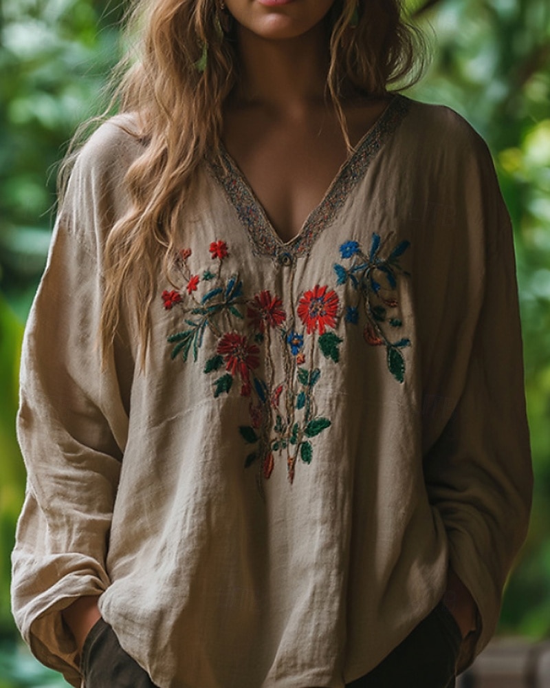 Per donna Camicie di cotone e lino Camicia Boho Blusa Fiore Moderno Boho Manica Lunga Scollo a V Top Regolari Quotidiano Ferie Stampato Albicocca Estate del 2025 a $19.99 –P1