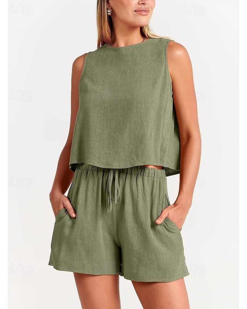 Damen Aktiv Basic Baumwoll-Leinen-Sets Bluse Shorts-Sets Ärmellos Rundhalsausschnitt Einfarbig Kordelzug Ausgehen Wochenende Schwarz Blau Orange Sommer Normale Passform 2025 - NZ $63.49 –P9