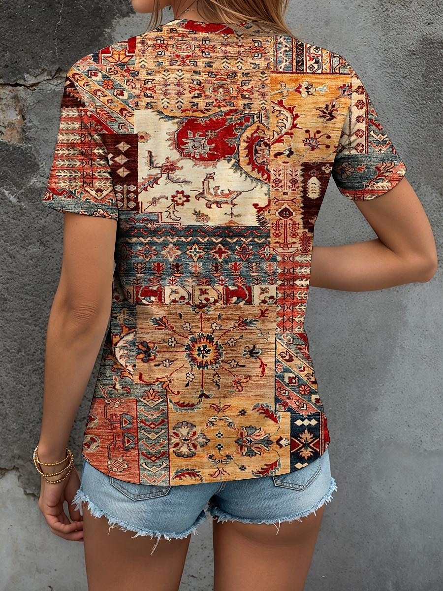 Dame T skjorte Blomstret Grafisk Geometrisk Årgang Stilfull Klassisk Kortermet Crew-hals Rund hals Vanlige topper Daglig Helg Trykt mønster Gul Rosa Blå Lilla Grønn Sommer Vår 2025 - $19.99 –P2