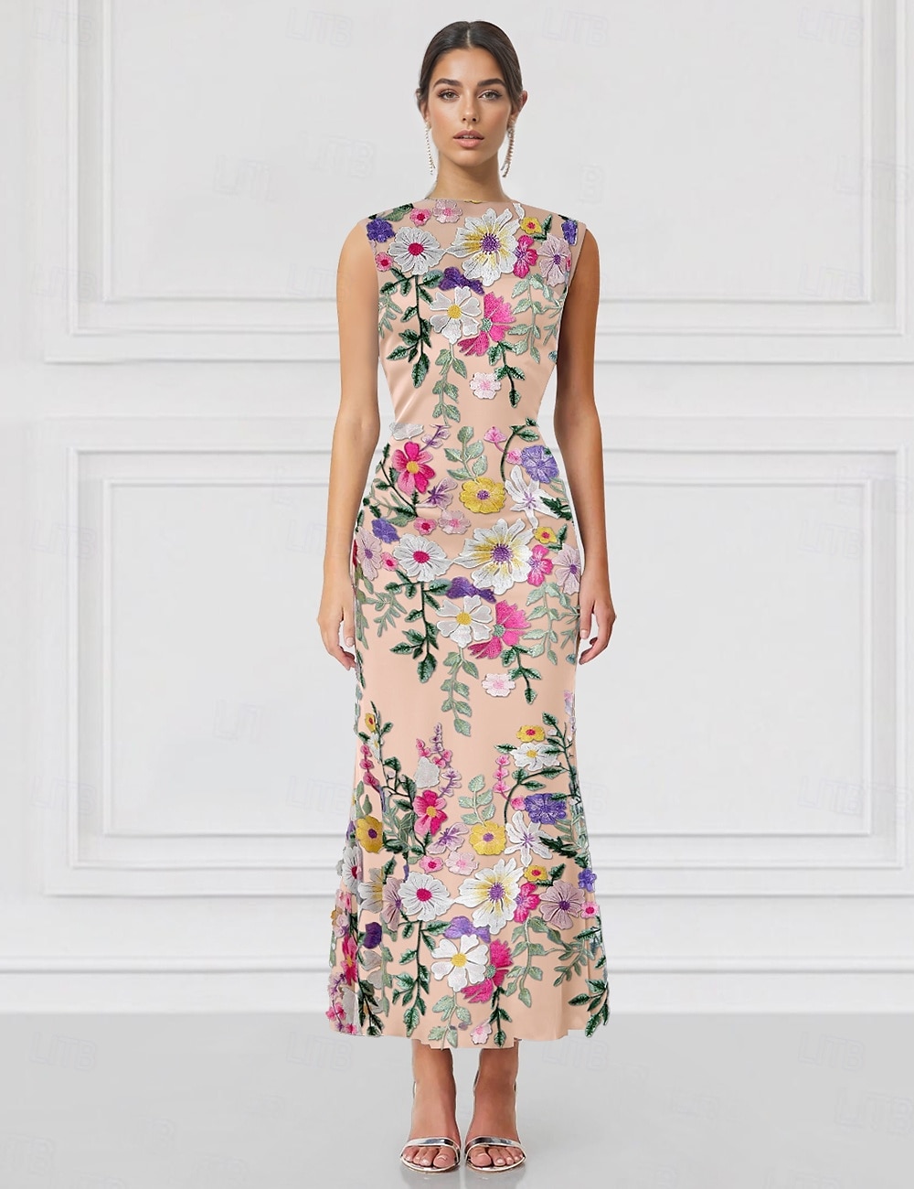 Blue Mermaid / Trumpet Cocktail Floral Dresses Elegant Formal Wedding Guest Ankle Length Sleeveless High Neck with Embroidery 2025 - $158.99 –P3