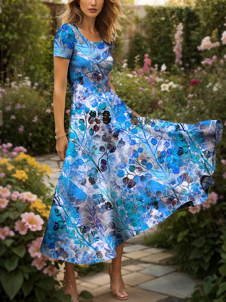 Damen Maxikleid Freizeitkleid A Linie Kleid Sommerkleid Elegant Urlaub Lässig Normale Passform Grafik Blatt Kurzarm Quadrathals Rundausschnitt Gelb Rote Blau Purpur Sommer 2025 - $30.99 –P4