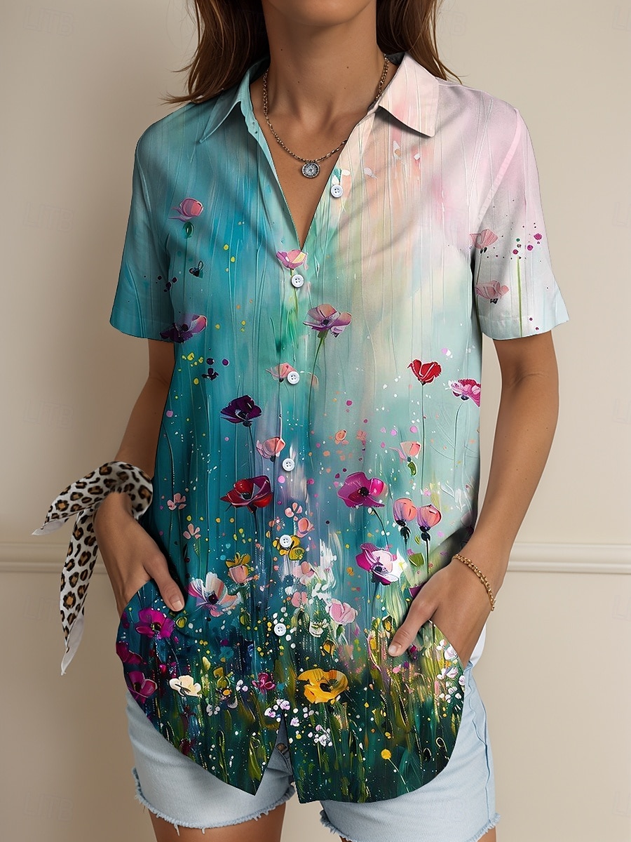 Femmes Chemise A Ombre Fleuri Graphique ancien Tropical Quotidien Sans manches Manche Courte Col de chemise Hauts Réguliers Quotidien Jaune Rouge Bleu Violet Été Printemps de 2025 ? $24.99 –P1