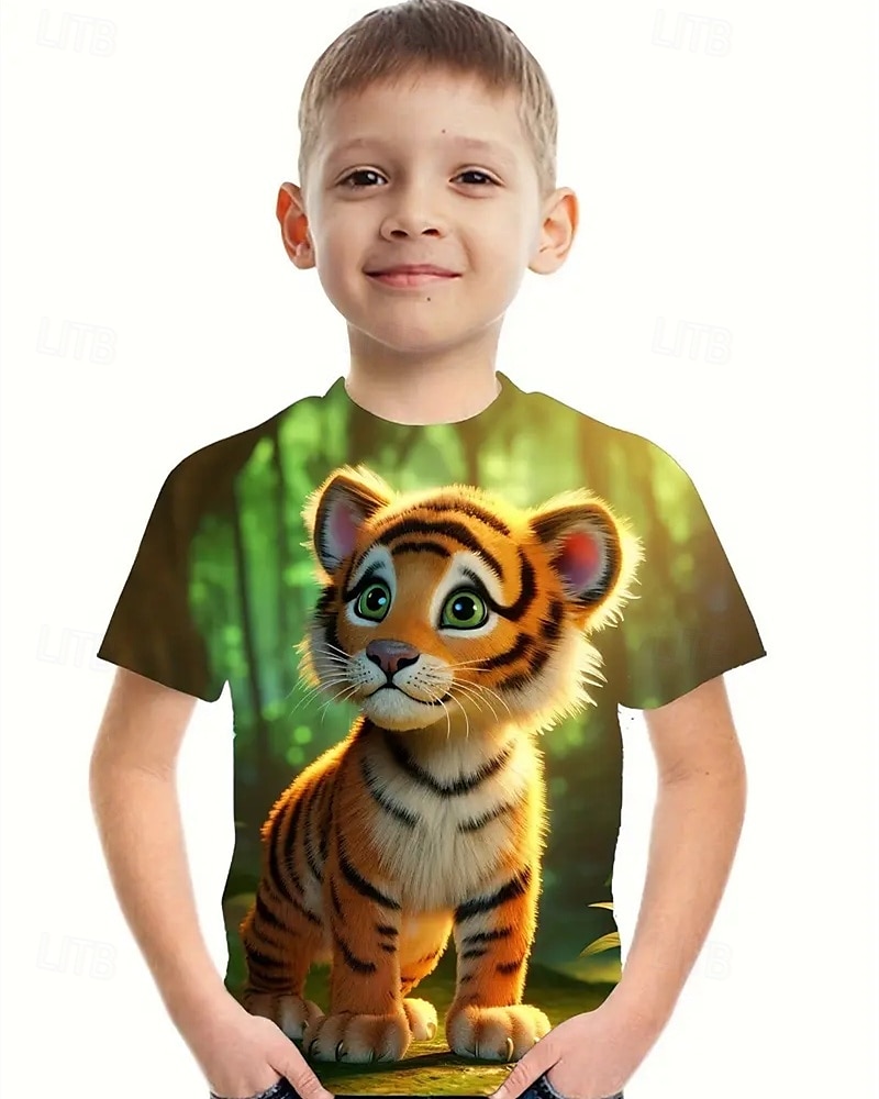 Jongens 3D dier Tijger T-shirt Korte mouw Zomer Lente Modieus Basic Kinderen 4-12 jaar Strakke ronde hals Buiten Casual Dagelijks Normale pasvorm 2025 - $11.99 –P1
