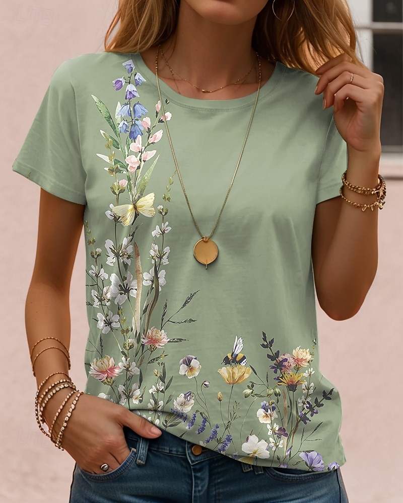 Γυναικεία Μπλουζάκι Στάμπα Φλοράλ Γραφική Φυτά Βίντατζ Στυλάτο Κλασσικό Κοντομάνικο Στρογγυλή Ψηλή Λαιμόκοψη Στρογγυλή Λαιμόκοψη Κανονικά μπλουζάκια Καθημερινά 2026 - $22.99 –P5