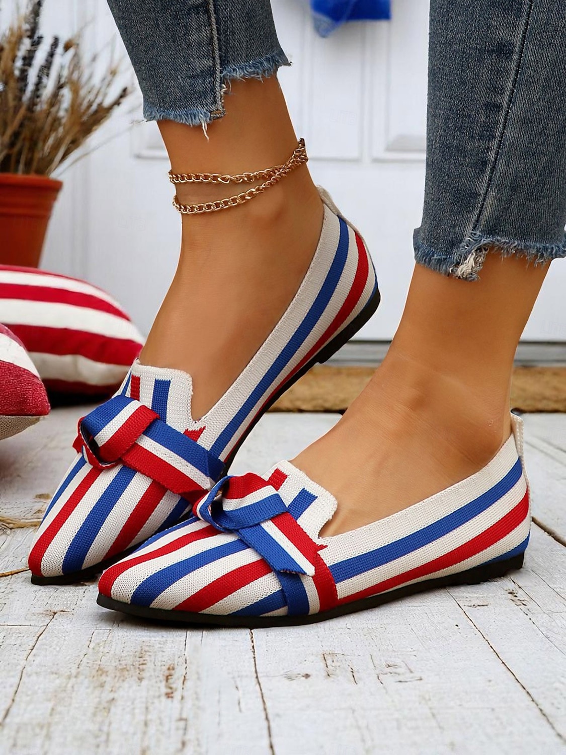 scarpe basse in maglia patriottiche da donna – scarpe basse a punta con fiocco per il giorno dell'indipendenza, picnic estivi e abbigliamento casual del 2025 a $19.99 –P2