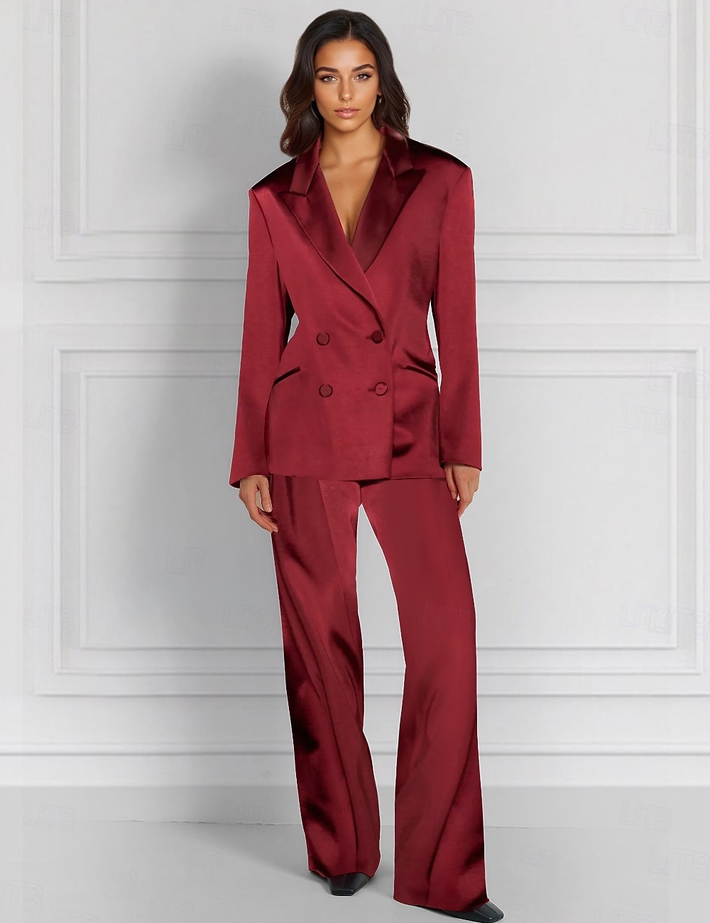Tuta a Due Pezzi  Completo Completo per Madre della Sposa Giacca Doppiopetto Elegante Vintage Semplice Collo a V Lunghezza Piedi Satin Stretch Maniche Lunghe con Bottoni Coperti del 2025 a $179.99 –P1