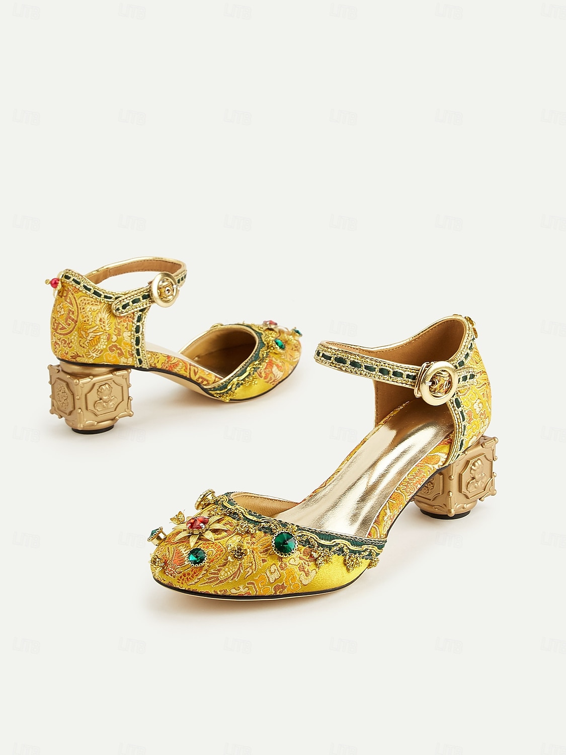 Tacones de bloque bordados barrocos de mujer estilo real dorado inspirado en el Gatsby de los años 1920 con adornos de piedras preciosas para ocasiones formales escénicas y de vestuario 2026 - $129.99 –P3