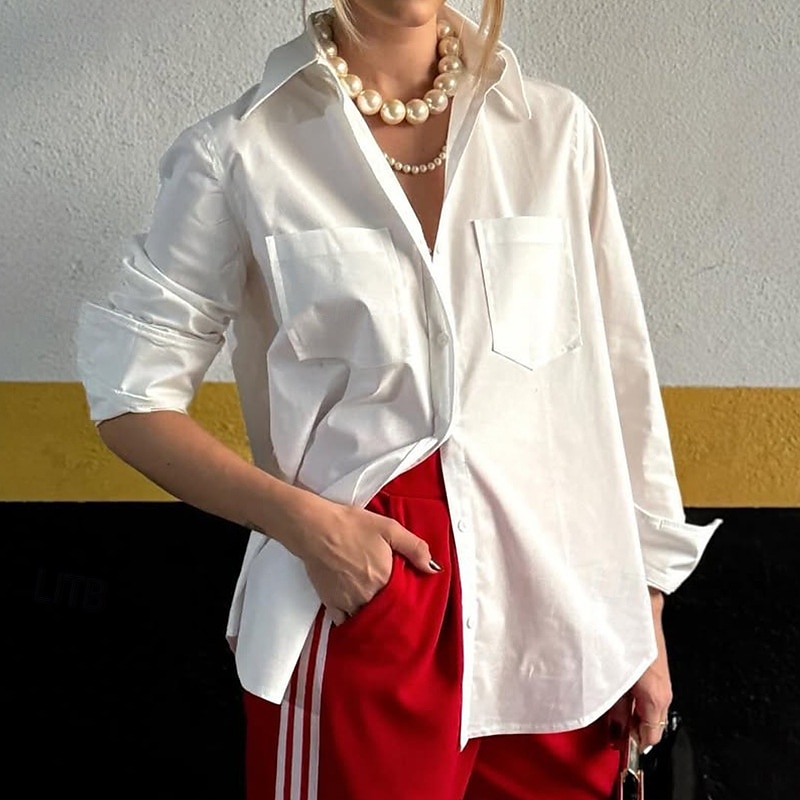 Damen Hemd Bluse Einfach Modern Lässig Langarm Hemdkragen Normale Oberteile Täglich Ferien Ausgehen Knöpfe Tasche Weiß Sommer 2025 - $26.99 –P1