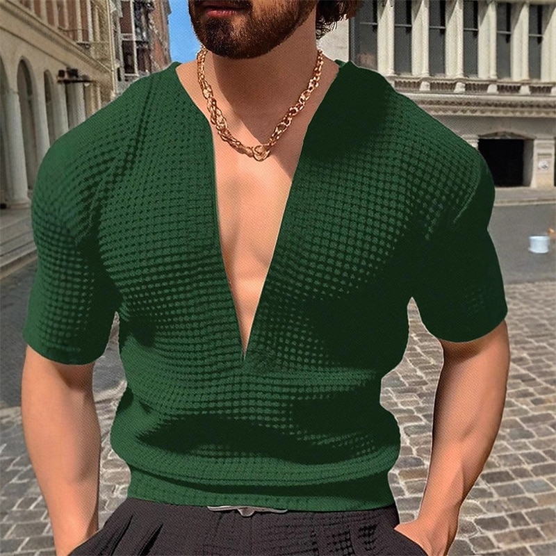 בגדי ריקוד גברים טי וופל חולצה קצרה טי שירטס חולצה עם שרוולים קצרים שרוולים קצרים V עמוק קיץ אחיד אופנתי מעצב בסיסי סרוג חופשה רחוב ליציאה שחור אדום כחול נייבי חולצה עליונה לגברים 2025 - $18.99 –P7