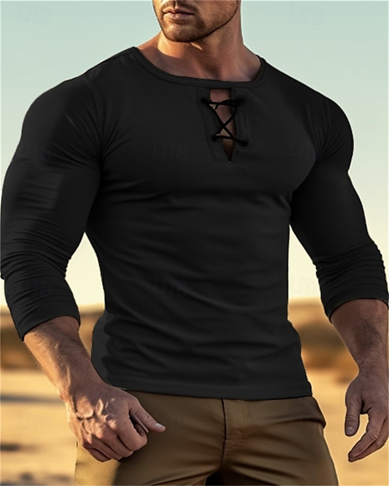 Herren T Shirt T-Shirt Langarmshirt Langarm Rundhalsausschnitt Sommer Frühling Einfach Mode Designer Basic Schnürung Urlaub Straße Ausgehen Schwarz Gelb Grün Top T-Shirt für Herren 2025 - $17.99 –P2