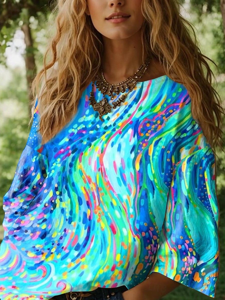 Womens Pusero Pitkä Hiha Ombre Graffiti Geometrinen Bohemia Päivittäinen Etninen 3/4 Pitkät Hiha Pyöreä Kaula Baot Kaula Säännölliset Puserot Päivittäiset Lomavaatteet Printti Sininen Violetin 2025 - $27.99 –P3