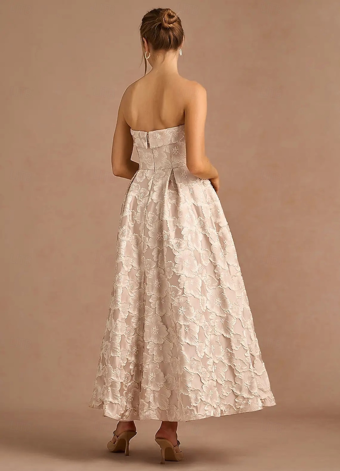 Virágos jacquard A-vonalú koktélruhák elegáns ruha formális eljegyzés tea hosszú midi hosszú ujjatlan pánt nélküli redőkkel 2025 - $159.99 –P4