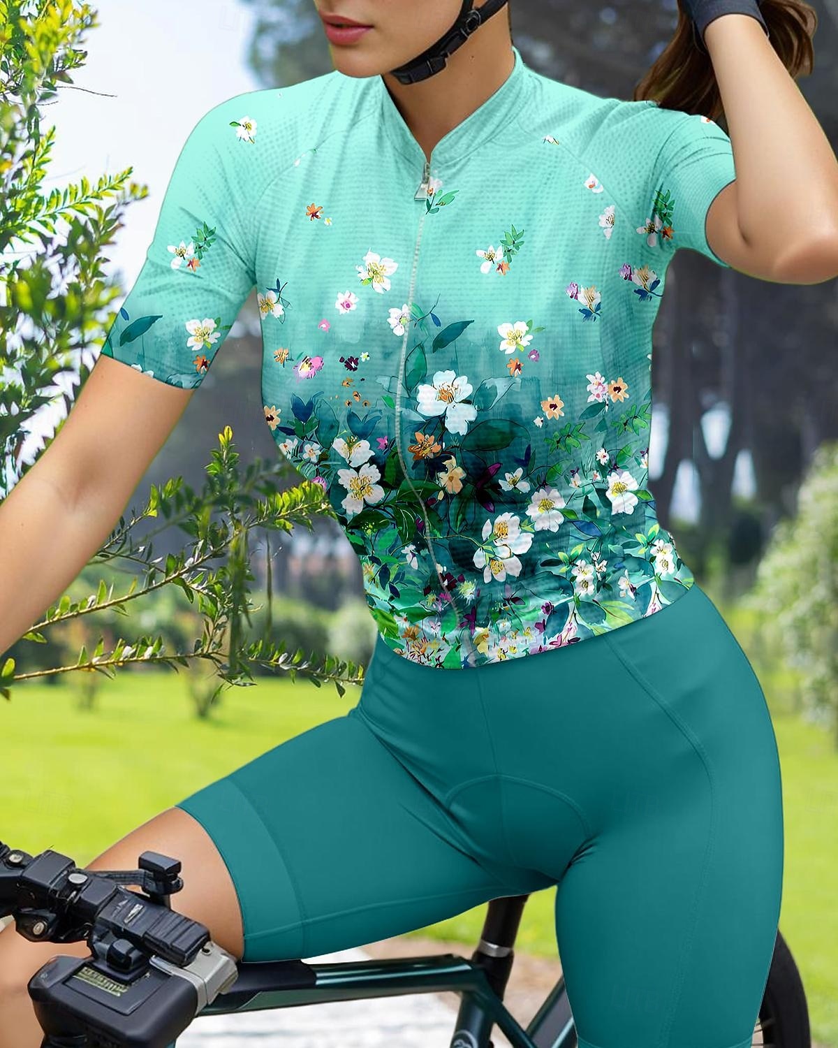 نسائي جورسيه الدراجة الرسم التدرج الأزهار النباتية كم قصير الدراجة جورسيه قمم مع 3 جيوب خلفية واقي شمسي مقاوم للأشعة فوق البنفسجية سريع جاف شرائط عاكسة رياضات أخضر ملابس 2025 - $30.99 –P1
