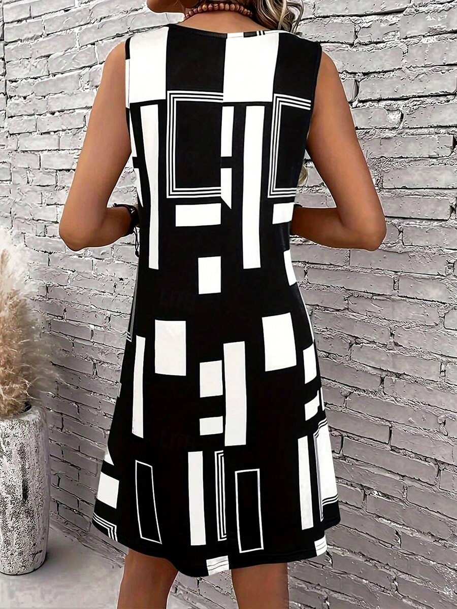 Naisten Mini mekko Kesämekko A linjainen mekko Loma Vapaa-aika Normaali Kuvitettu Geometrinen Abstrakti Hihaton U kaula-aukko Musta ja valkoinen Kesä Kevät 2025 - $21.99 –P2