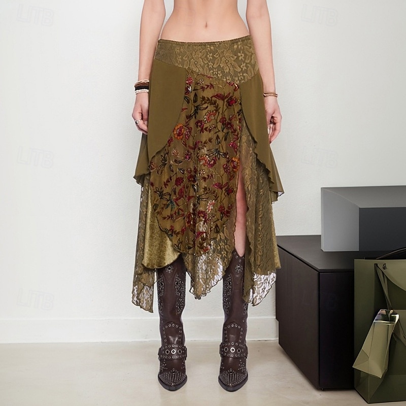 Femmes Jupe Mode Boho Midi Taille Basse Jupes Fleuri Dentelle Épissure Imprimé Micro-Élastique Vacances Rue Marron Été Polyester de 2025 ? $36.99 –P1