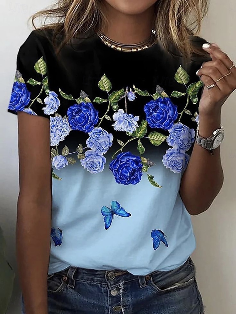 Pentru femei Tricou Ombre Floral Grafic Epocă Stilat Clasic Manșon scurt Stil Nautic Rotund Topuri obișnuite Zilnic Imprimeu Roz Îmbujorat Albastru piscină Portocaliu Vară 2025 - $19.99 –P3