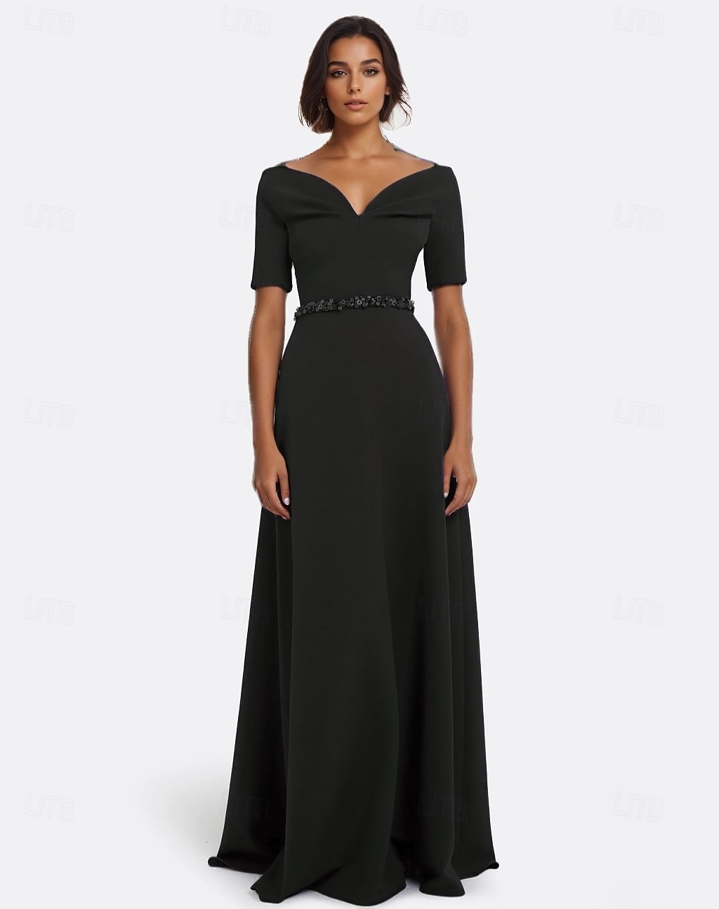 Linea ad A Abito da Sera Elegante Vestito Formale Matrimonio Lunghezza al pavimento Manica Corta Scollo a V Crepe Elasticizzato con Perline 2025 del 2025 a $129.99 –P3