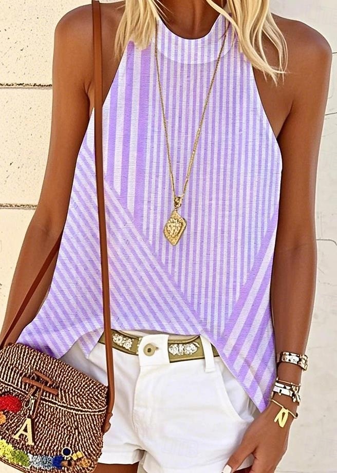Mujer Blusa Estampado Graphic A Rayas Elegante Casual Sin Mangas Cuello Barco Cuello Alto Tops regulares Diario Azul Piscina Rosa Morado Verde Trébol Verano Primavera 2026 - $19.99 –P3