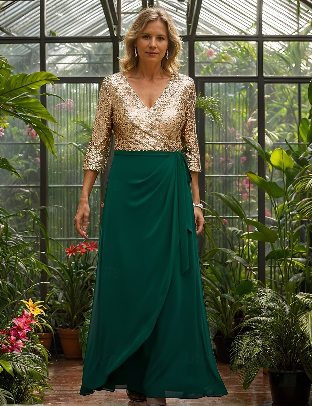 Třpytkové krajkové zlaté A-line šaty matky nevěsty Elegantní vintage jednoduché výstřih do V podlahové délky svatební host šaty chiffon krajka s rukávem 3/4 s flitrovanou krajkou a nařasenými detaily 2025 - $134.99 –P1